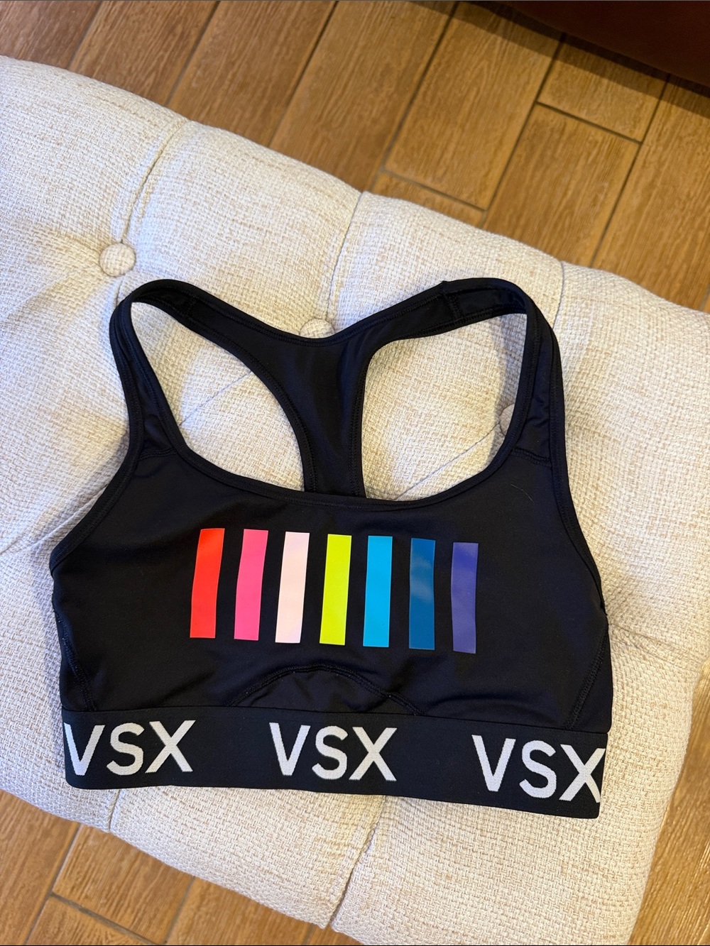 VSX Black Racerback Rainbow Sports Bra with White Logo Band